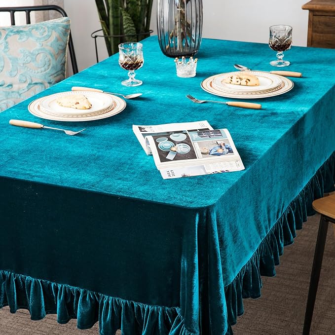 Velvet Tablecloth Luxurious Solid Rectangle Table Cloth,Oblong Retro Farmhouse Ruffle Tablecloths Washable Table Cover for Party Wedding Baby Shower Kitchen Dinning Tabletop Decoration