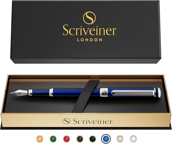 Scriveiner Midnight Blue Fountain Pen - Stunning Luxury Pen with Chrome Appointments, Schmidt Nib (Medium), Best Pen Gift Set for Men & Women, Professional, Executive, Office, Nice Pens