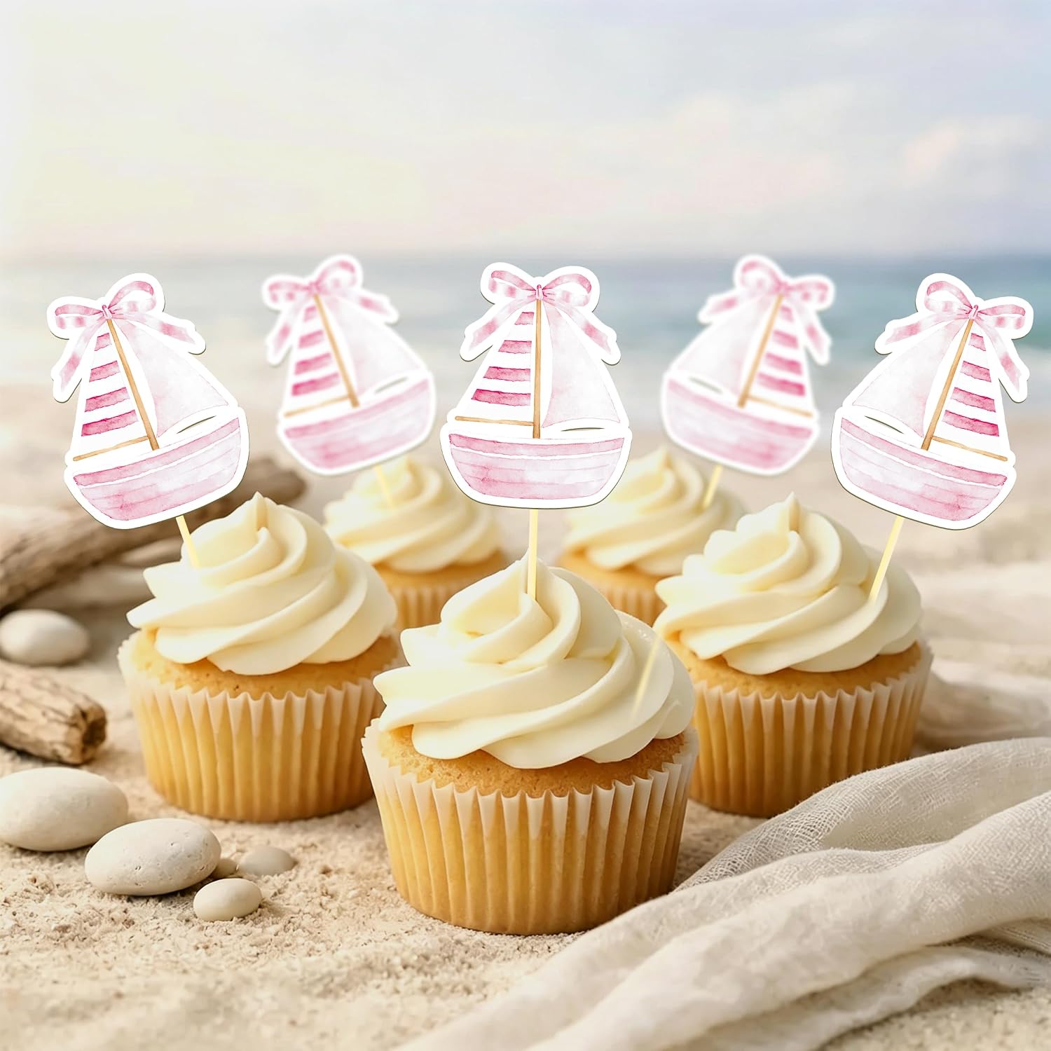 24 Pcs Sailboat Cupcake Toppers, Nautical Cupcake Toppers (pink) | Food Fruit Picks for Decoration Party Favors