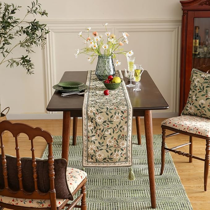 ISAENNE Designer Green Elegant Linen Extra Long Table Runner 118 Inches,Flower and Leaves Pattern Wrinkle Resistant Table Runners for Dining Tables,Thanksgiving,Kitchen Tables,Christmas,12"*118"-Brune
