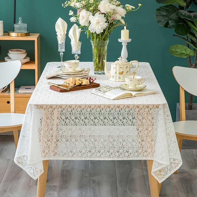 Lace Tablecloth Leaf Pattern Warp Knitting Fabric Solid White Rectangle/Oblong Table Cover for Kitchen Dining Farmhouse Wedding Party Decor Ivory, 55x84 Inch
