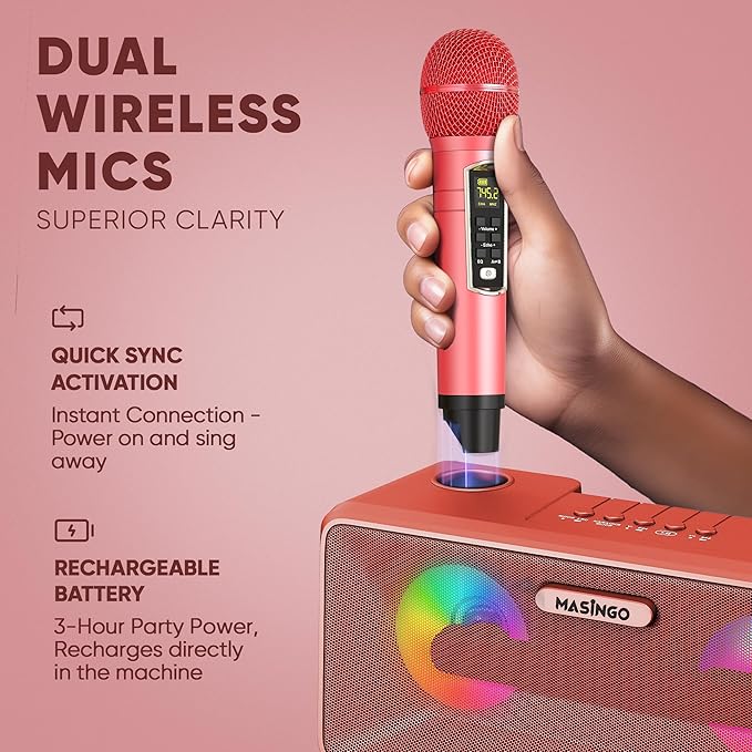 MASINGO Karaoke Machine for Adults and Kids with 2 Wireless Microphones, Portable Bluetooth Singing Speaker, Colorful LED Lights, PA System, Lyrics Display Phone Holder, and TV Cable. Presto G2 Pink