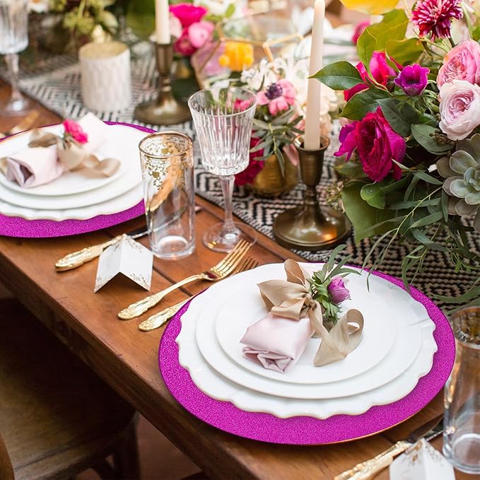50 Pieces Hot Pink Glitter Paper Place Mats Sparkle 14'' Round Disposable Table Mats Hot Pink Doilies for Wedding Banquet Birthday Party Home Dining Table Decor