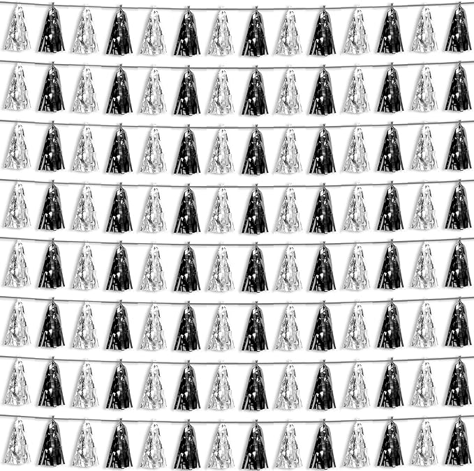8P Black Silver Foil Fringe Metallic Tassel Streamers Banner Tassel Garland for Parade Floats, Graduation, Wedding, Birthday, Halloween, Christmas, Bridal/Baby Shower Party Decorations