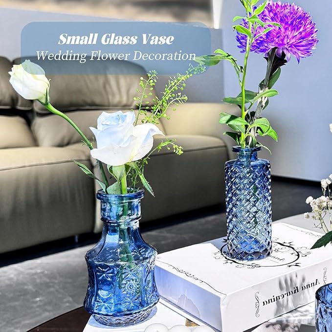 Mini Bud Vases As Wedding Centerpieces for Tables,Clear Bud Vases for Flowers,Small Flower Vases Suitable for Birthday Party,Anniversary,Wedding Reception,Baby Shower (Blue, 12PCS)