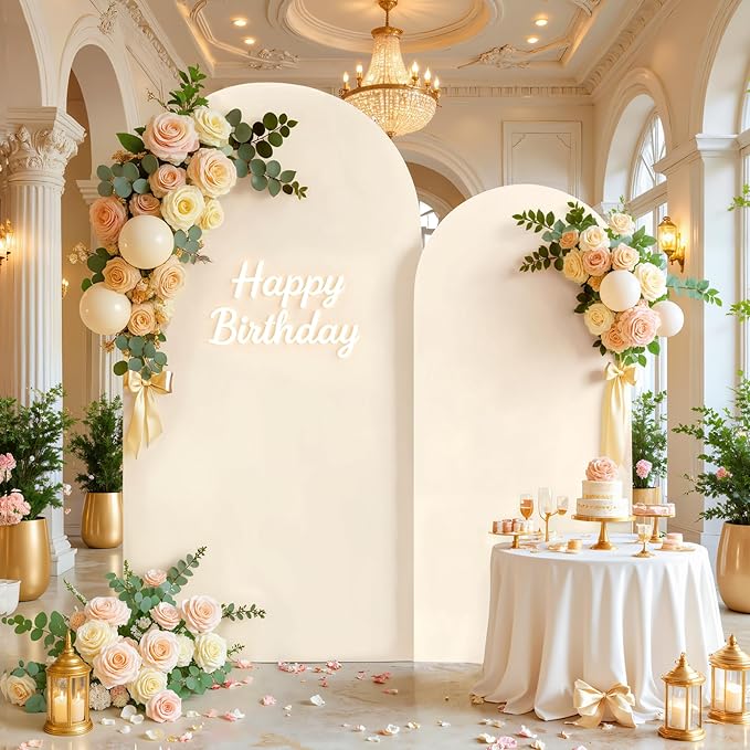 7.2FT 6FT Arch Backdrop Cover for Wedding, Set of 2 Stretchy Spandex Fitted Arch Stand Cover for Baby Shower, Birthday Party Decor, Chiara Backdrop Cover with Double-Sided Design(Ivory,Champagne)