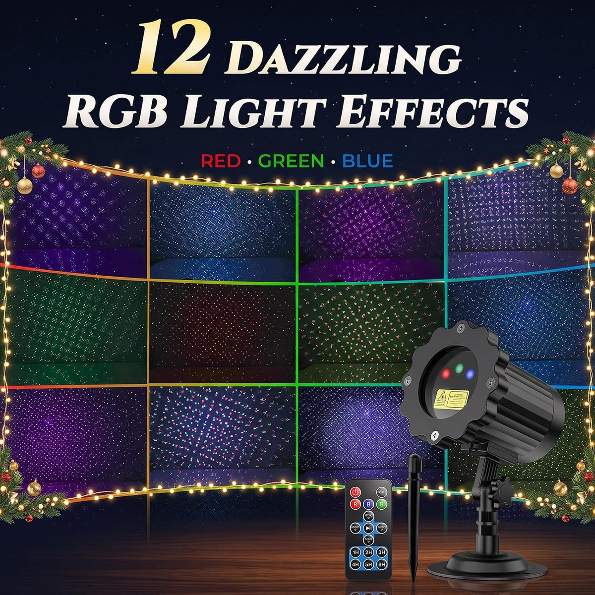 christmas laser light outdoor, 12 effect firefly christma shown in use
