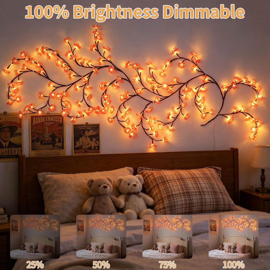 FNHMSL Cherry Enchanted Willow Vine Lights, 4FT 48LED Pink Cherry Blossom Tree Branch Lights for Wall, Remote Timer,8 Light Model,Bedroom Wall Doors Wedding, Christmas, USB Battery Box