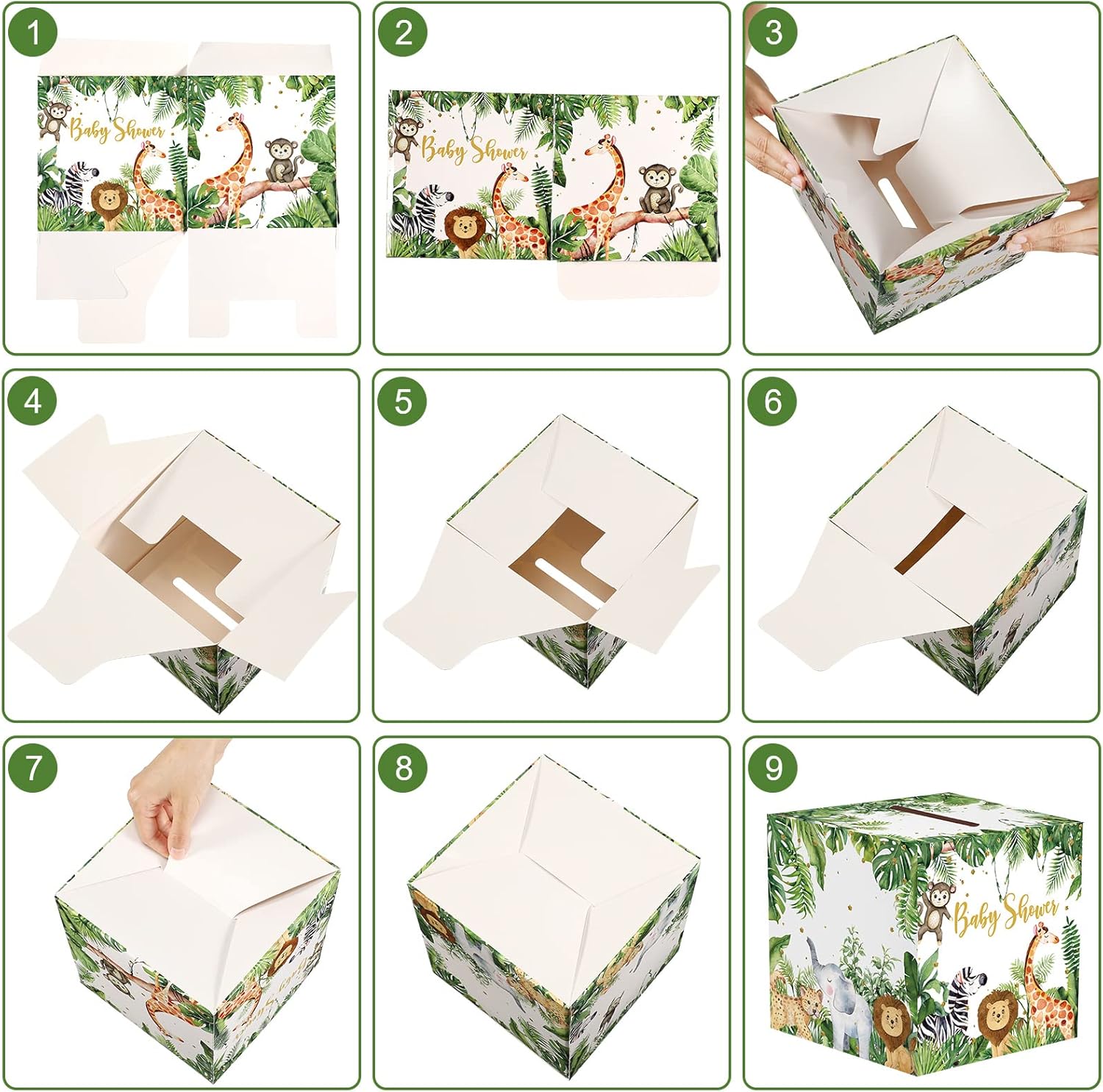51 Pieces Woodland Baby Shower Card Box and Advice Cards, Diaper Raffle Game Box Tickets, Animals Safari Creatures Party Decorations for Baby Shower, Birthday, Gender Reveal (Jungle Animal Theme)