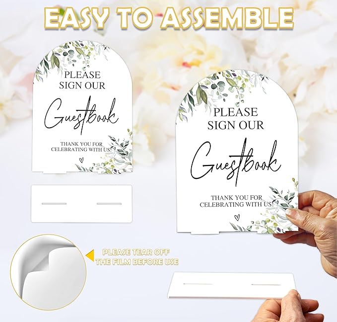 Greenery Please Sign Our Guestbook Sign, 6 x 8 Inch White Arch Acrylic Wedding Sign with Holder, Wedding Sign for Ceremony and Reception, Wedding Decoration, Wedding Supplies - LY02
