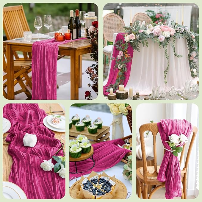 Asee'm 6pcs Cheesecloth Table Runner 120 Inches Long Fuchsia Boho Gauze Cheese Cloth Runner 10FT Rustic Sheer Table Runners for Christmas Wedding Party Baby Shower Spring Easter Decoration