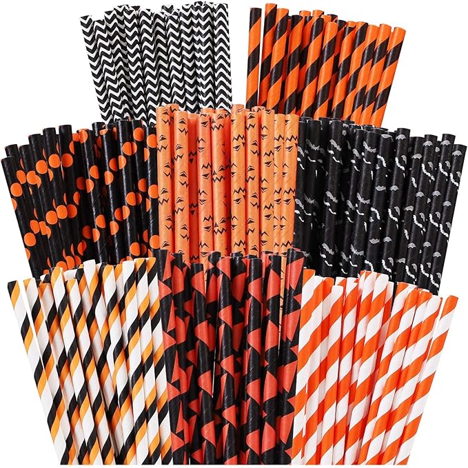 Cooraby 200 Pieces Halloween Paper Straws Biodegradable Drinking Stripe Bicolor Stripe Dot Straw Mix for Wedding Supplies and Party Favors, 8 Styles (Black and Orange)