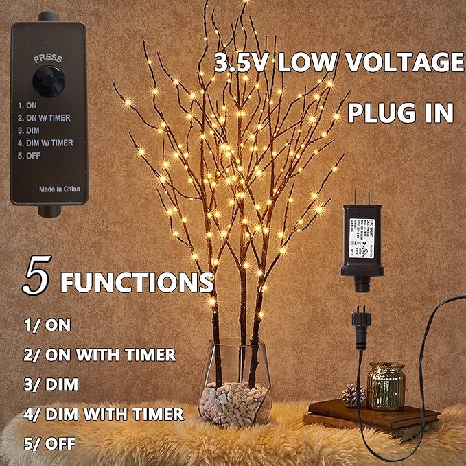 Fudios Lighted Twigs and Branches for Vases Plug in 32in Tall,Brown Willow Tree Branches with Lights 150 LED Outdoor Indoor Holiday Party Decor Gift 2Sets