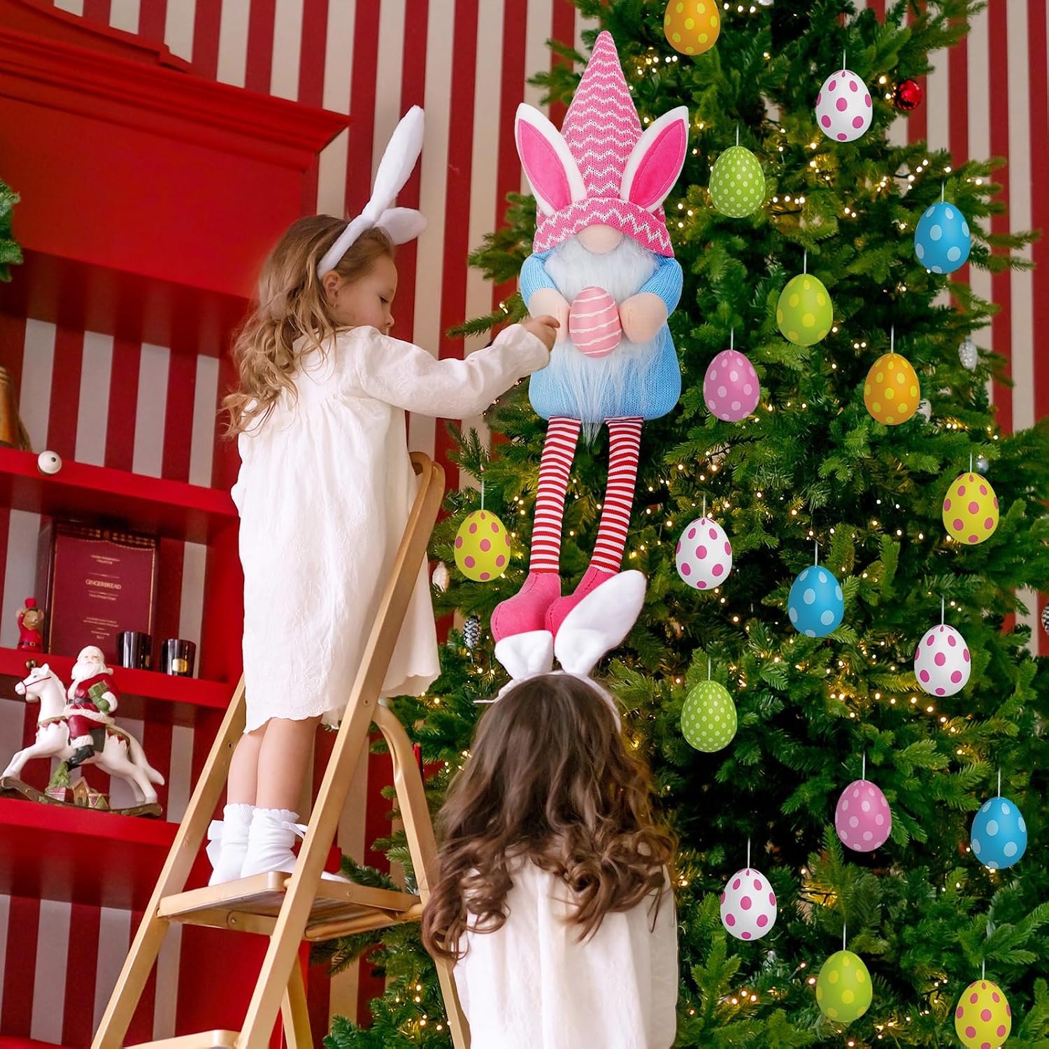 VitalCozy Easter Tree Topper 24 Inch Large Plush Gnomes Tree Ornaments Swedish Party Decoration Supplies with High Hat Legs Bunny Rabbits Ear for Home Fireplace Table Holidays Presents