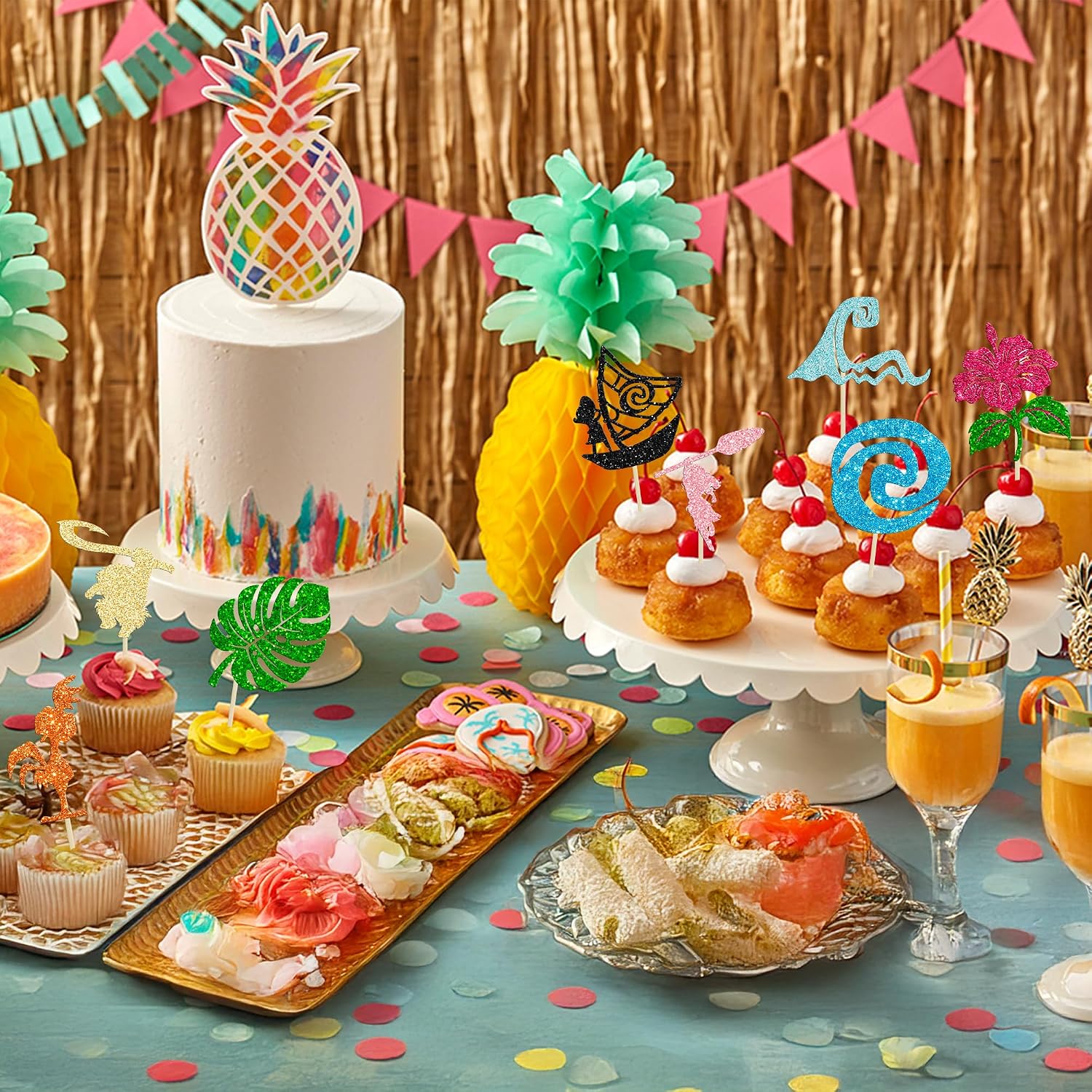 Ephlyn 32Pcs Moa Inspired Cupcake Toppers Glitter Palm Leaf Flower Cupcake Picks Tropical Hawaiian Luau Theme Cake Decorations for Baby Shower Birthday Party Cake Supplies Multi