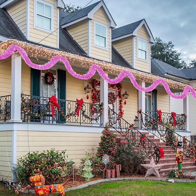 25 Feet Metallic Twist Tinsel Garland - Wall Hanging Backdrop for Parade Floats, Christmas Eve, New Year, Valentine's Day Parties (Macaron Pink, 4in x 25ft)