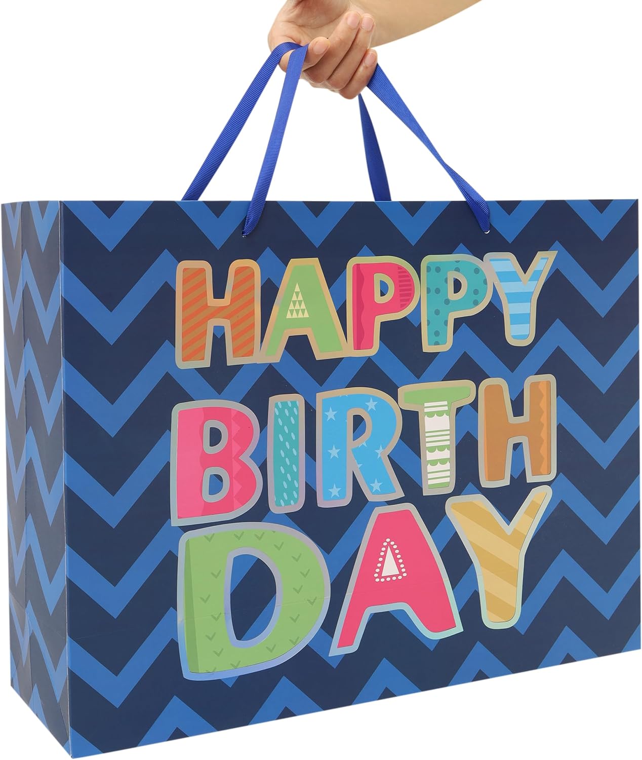 Qirrmiy 16.5” Extra Large Blue Happy Birthday Gift Bag Set with Handles, Greeting Card, Tissue Papers and Stickers for Men Boys Teens, for Kids' Parties, Laser Foil 'Happy Birthday' Design, 1 Pcs