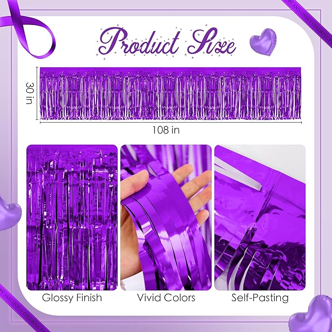 2 Pack Light Purple Dark Purple Table Skirts, 29x108" Metallic Foil Tinsel Fringe Table Skirt for Rectangle Tables Streamer Curtains Backdrop, Party Decorations for Birthdays, Weddings, Holidays