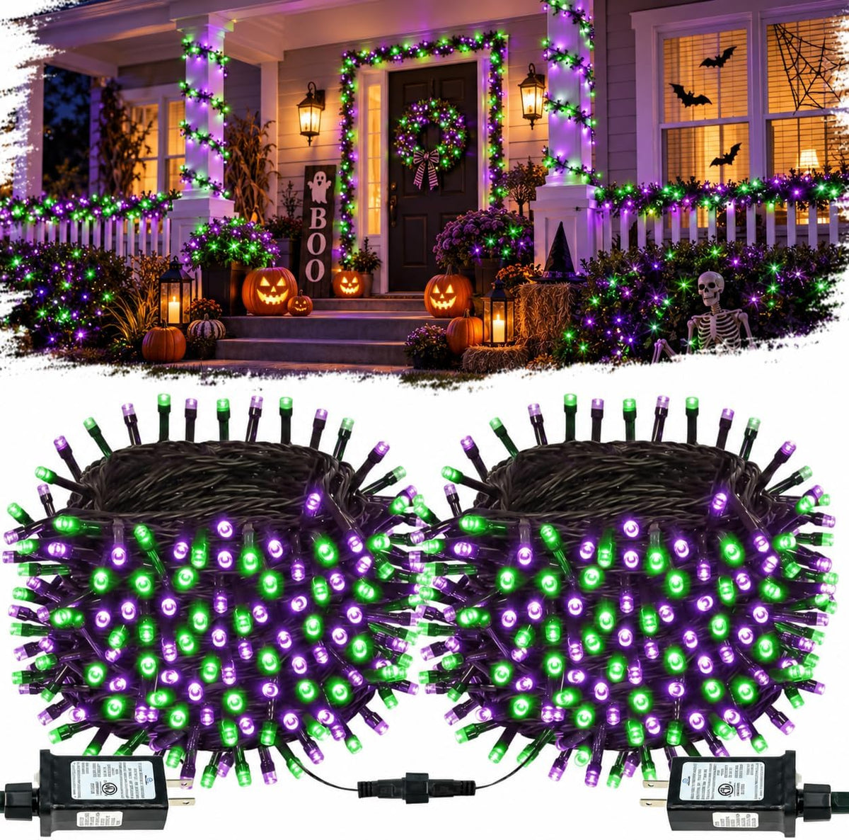 OZS Connectable 2-Pack 164Ft 400LED Halloween String Lights, Purple&Green