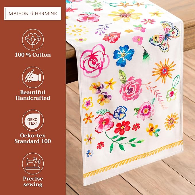 Maison d' Hermine Table runner 100% Cotton Double Layer Table Runners 72 inches long Decorative for Home Kitchen Dining Party Wedding Bridal Shower Spring Summer (Happy Florals - Sweety, 14.50" x 72")