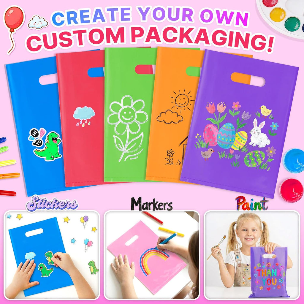 ANZNKU 50 PCS Multicolor Party Favor Gift Bags 8"x11", Goodie Bag Bulk for Candy Jewelry Treat Snack Craft, Small Reusable Plastic Party Bags with Handles for Kids Birthday, School & Festive Events