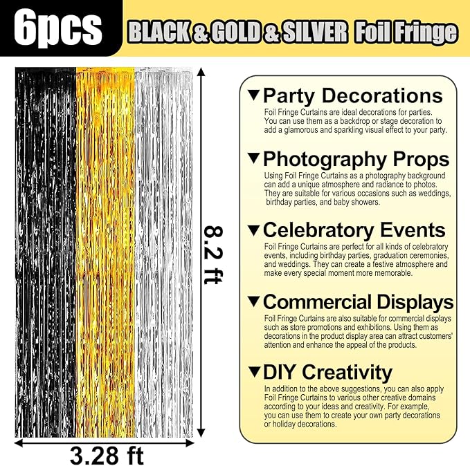 6 Pack Black Gold Silver Foil Fringe Curtain Backdrop, 3.28Ft x 8.2Ft Metallic Tinsel Foil Fringe Streamer Curtains for Photo Booth, Birthday, Wedding, New Year Party Decorations