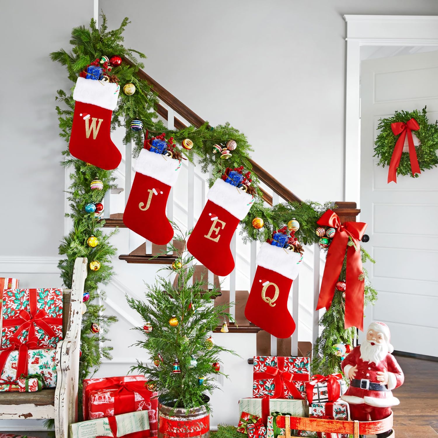 20 Inches Monogram Christmas Stockings with Letters, Large Super Soft Christmas Stockings Red Velvet with White Super Soft Plush Cuff for Christmas Xmas Tree Holiday Fireplace (S)