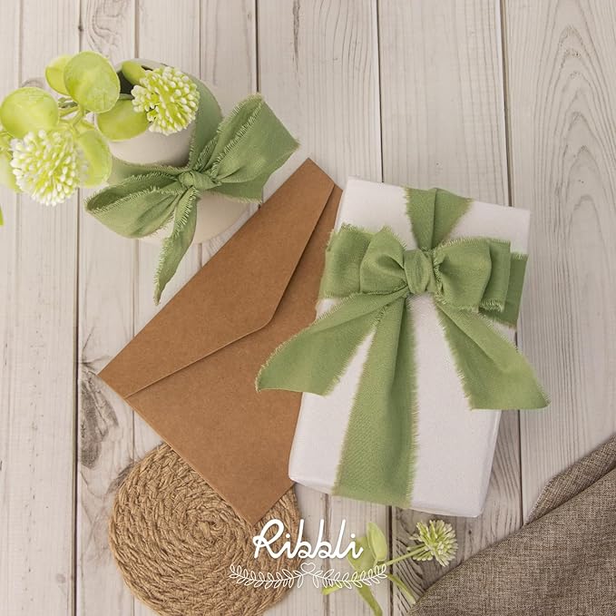 Ribbli 3 Rolls Sage Green Ribbon 1.5 Inch x 18Yards Handmade Cotton Frayed Fringe Ribbons for Gift Wrapping Wedding Invites Bridal Bouquets Baby Shower DIY Crafts Home Decor