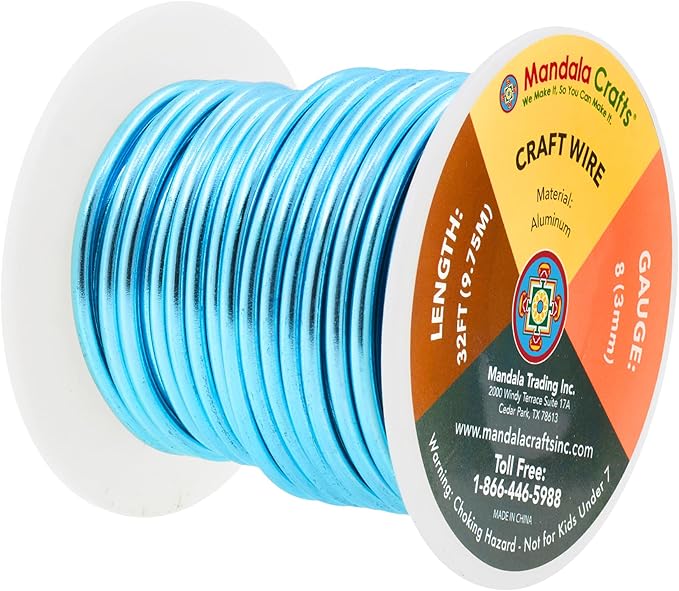 Mandala Crafts 8 Gauge Anodized Aluminum Craft Wire for Jewelry Making - 32 FT Colored Flexible Vivid Sky Blue Wire - Bendable for Bonsai Armature Crafting Sculpting