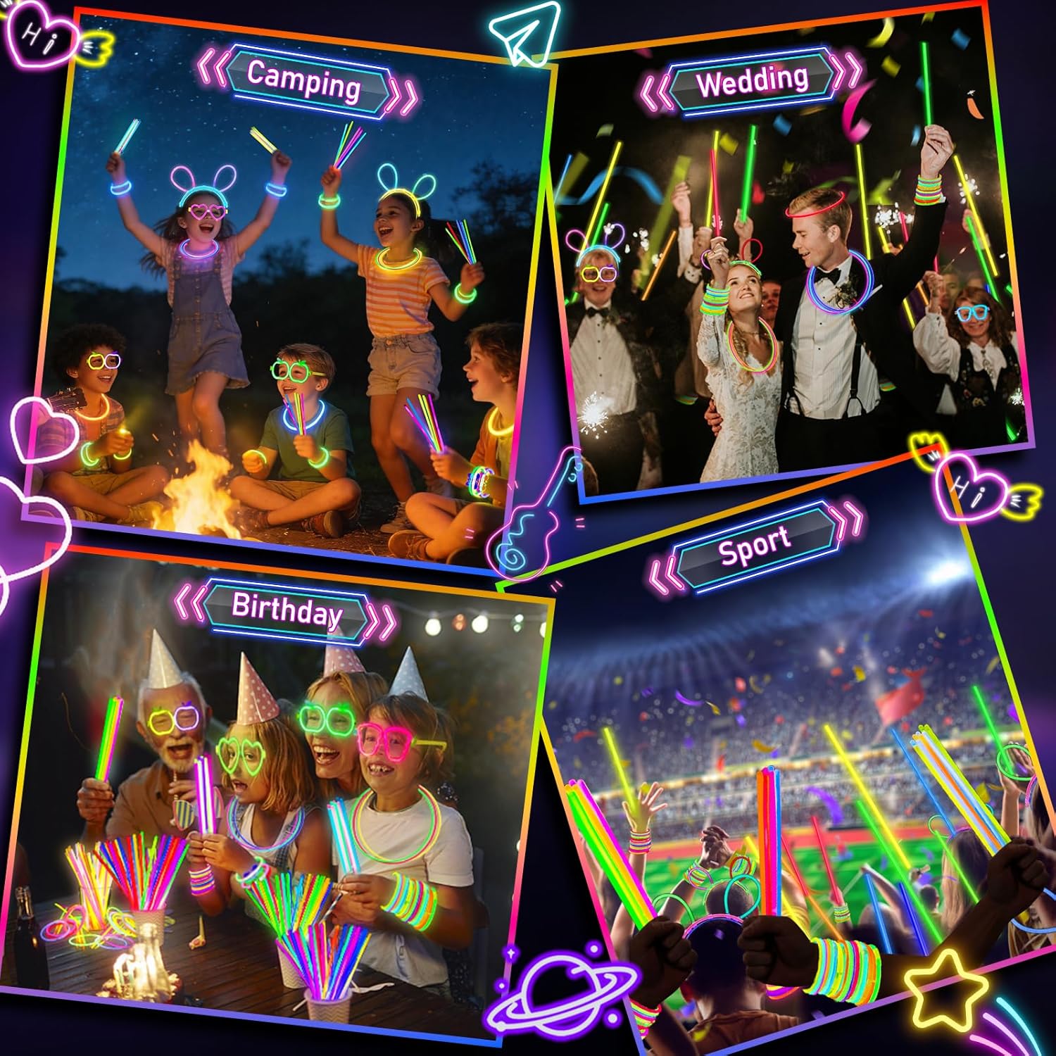SHQDD 100 Glow Sticks Bulk Party Pack, 8” Neon Glow Sticks, DIY Glowsticks with Connectors Bracelets & Necklaces, Glow in the Dark Party Supplies for Kids, Adults, Parties, 4th of July & Halloween
