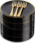 Festiva 200Pcs Black Gold Dessert Plates 6.3" with Plastic Forks 5"- Small Disposable Plates- Dessert/Cake/Appetizer Plastic Plates include 100Plates 100Forks for Christmas Party&Halloween&New Year