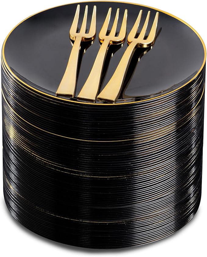 Festiva 200Pcs Black Gold Dessert Plates 6.3" with Plastic Forks 5"- Small Disposable Plates- Dessert/Cake/Appetizer Plastic Plates include 100Plates 100Forks for Christmas Party&Halloween&New Year