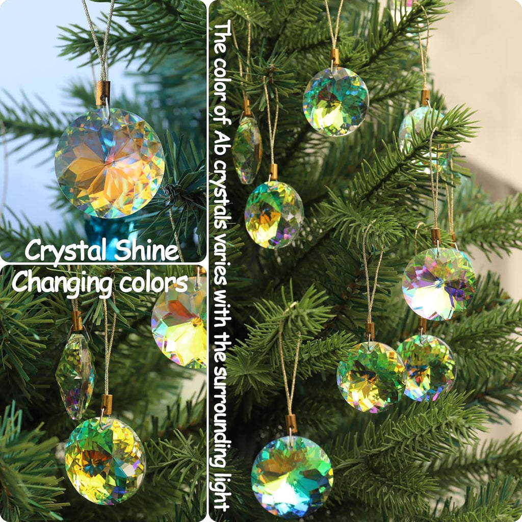 12 Pcs Crystal Glass Christmas Balls Ornaments, 1.18″ Mini Round Prism Flower Xmas Tree Decorations, Hanging Ornament for Wedding Party Home Decor (Crystal AB)