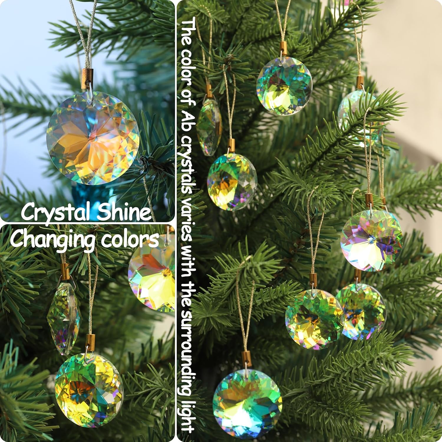 12 Pcs Crystal Glass Christmas Balls Ornaments, 1.18″ Mini Round Prism Flower Xmas Tree Decorations, Hanging Ornament for Wedding Party Home Decor (Crystal AB)