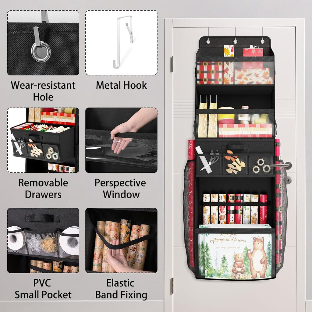 Over Door Wrapping Paper Organizer Storage with Removable Drawer & Side Pockets, Multi-Purpose Over the Door Gift Wrapping Organizer for Gift Bags, Paper, Ribbons, Bows, Ornament and Other Tools