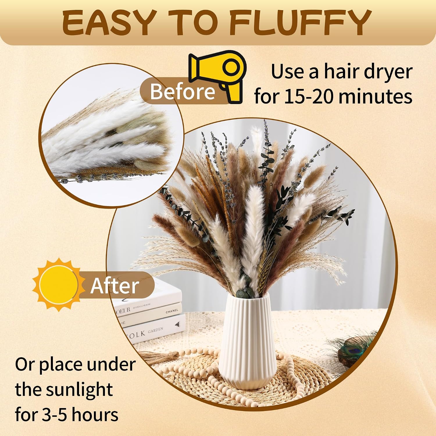 Bpole Dried Pampas Grass Bouquet - 92 Pcs 11-13 inch Pampas Grass Decor with Bunny Tails,Eucalyptus & Lavender Dried Boho Flowers for Vase Wedding Home Table Decor,Rustic Farmhouse Party