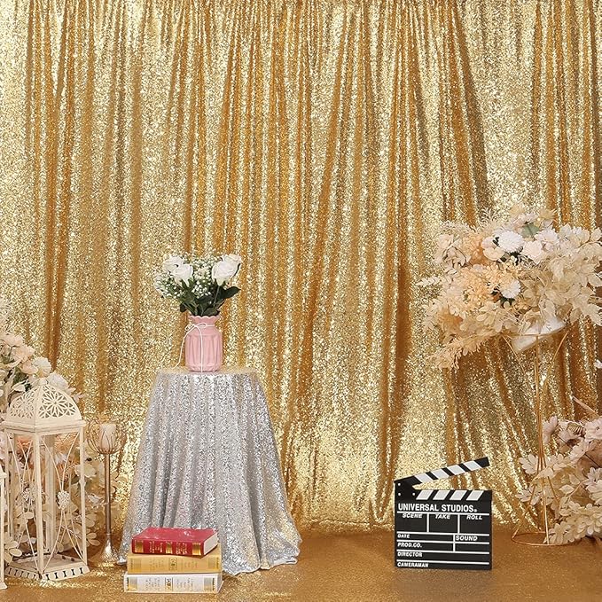 Poise3EHome Gold Sequin Backdrop Curtain, 10Ft x 10Ft Golden Glitter Photography Background Curtains, Sequence Backdrop Drapes for Party Festival Decor
