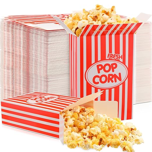Xinnun 300 Pcs Paper Popcorn Boxes 1 oz Close Top Oil Proof Disposable Popcorn Container 6 x 4 x 2 Inch Stripes Leak Proof Popcorn Boxes for Party Movie Party Theater Night Birthday (Red)