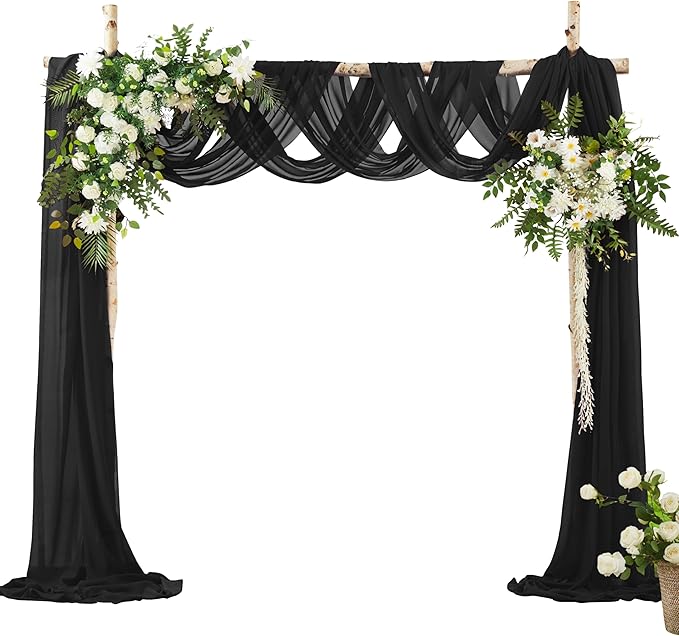 VACVELT Wedding Arch Draping Fabric - Black Chiffon, 1 Panel Sheer Drapes, 30 Inch x 20ft Chiffon Backdrop Curtain, Outdoor Sheer Drapery for Ceremony Party Ceiling