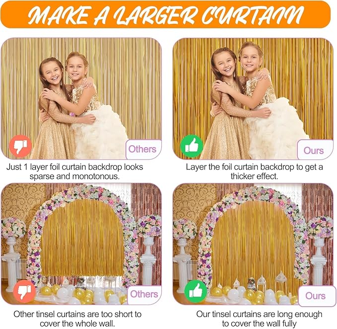 Crosize 8 Pack 3.3 x 9.9 ft Gold Foil Fringe Curtains Party Decorations, Gold Tinsel Curtain Backdrop for Parties, Door Streamers, Glitter Streamer Backdrop for Birthday Decoration