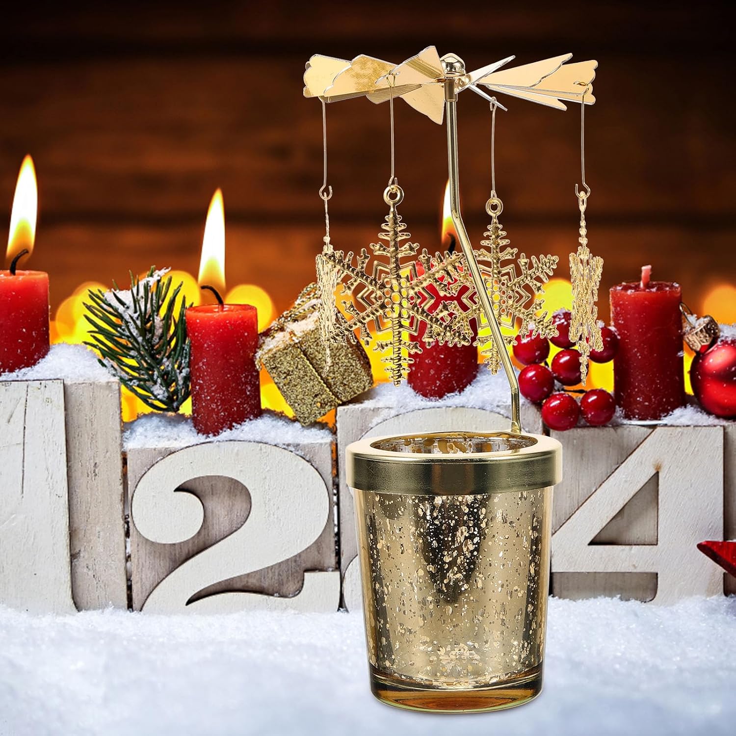 Holibanna Rotating Candlestick Christmas Carousel Tea Light Gold Candle Holder (2PCS Snowflake)
