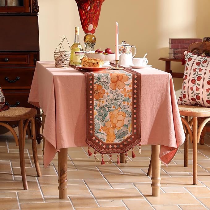 Designer Vintage Orange Floral Small Table Runner,French Farmhouse Soft Linen Coffee Table Runners 63 Inches Long,Decor Tabletop for Kitchen,Dining,Party,Home,Christmas,12"*63"