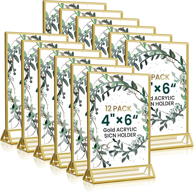 Acrylic Gold Sign Holders 4x6, 12 Pack Wedding Gold Table Number Holders, Double Sided Photo Display Picture Frame Paper Stand, Clear Flyer Stand Menu Holder for Wedding, Home, Party, Restaurant