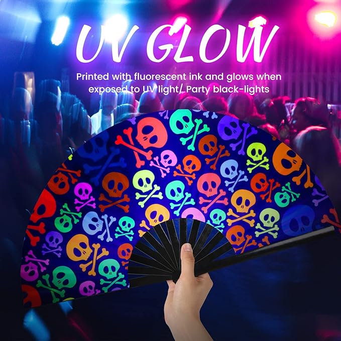 SYNTECSO Folding Hand Fan for Rave, UV Glow Fan, Large Bamboo Fan for Drag Queen, Women and Men Gift，Chinese Japanese Clack Fan for Parties, Music Festivals, EDM and Decoration