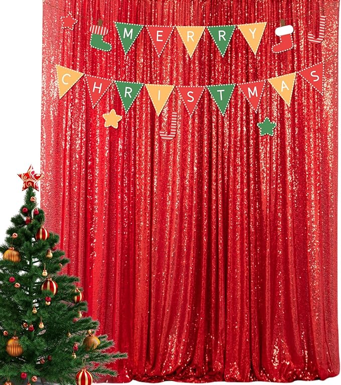 ShinyBeauty Sequin Curtain Red 4FTx8FT Sequin Photo Backdrop Red Sequin Backdrop Curtain Glitter Photography Backdrop Bridal Shower Backdrop for Wedding