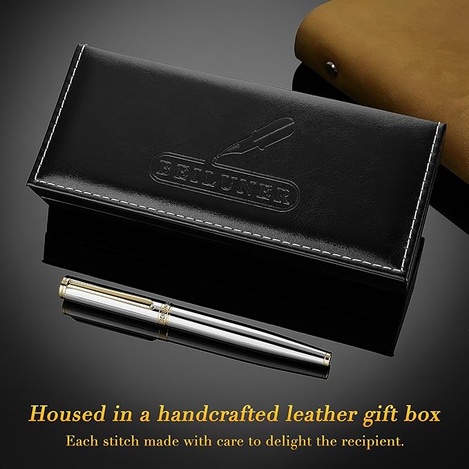BEILUNER Silver Chrome Fountain Pen,Stunning Luxury with 24K Gold Accents, Gorgeous 24K Gilded Nib(Fine), Trustworthy Pen Gift for Men&Women -Ink Converter-Elegant, Graduation,Nice Pen for Writing