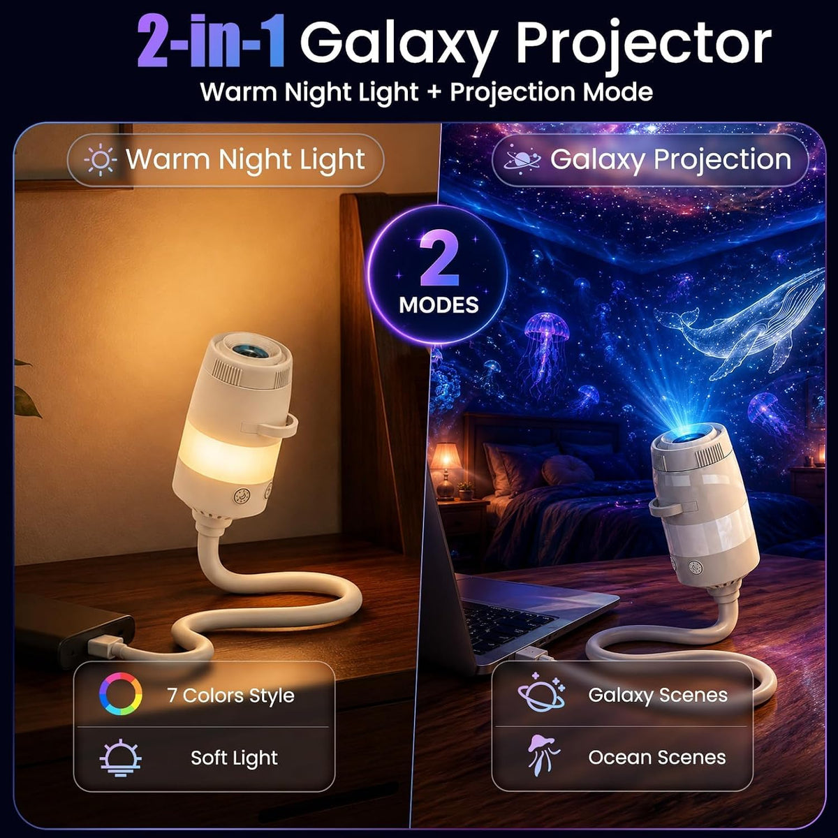 upgrade 2 in 1 galaxy projector night light shown in use