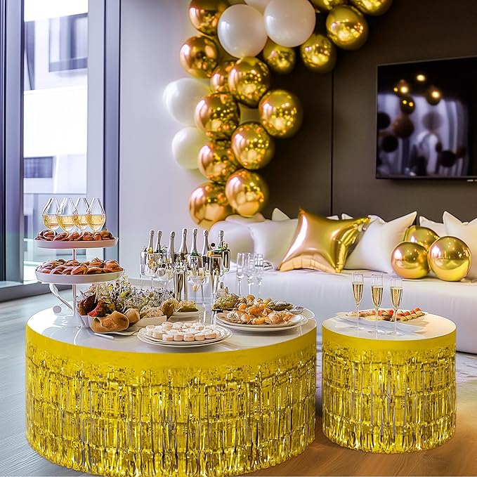 2 Pack Gold Table Skirts, 29x108" Metallic Foil Tinsel Fringe Table Skirts for Rectangle Tables Streamer Curtains Backdrop, Party Decorations for Birthdays Weddings Holidays