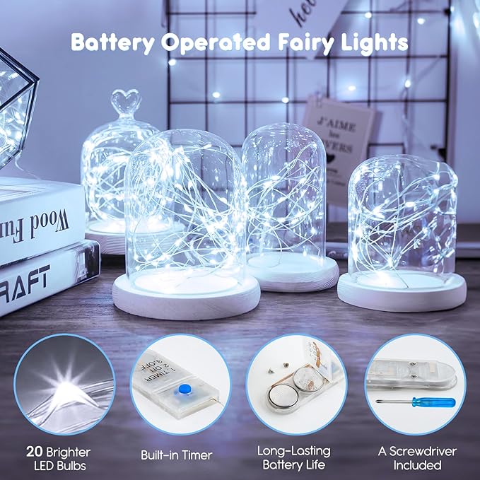 Minetom 12 Pack Fairy Lights Battery Operated String Lights with Timer - 7ft 20 LED Waterproof Silver Wire Firefly Lights Waterproof for DIY Crafts Wedding Décor Table Mason Jars Party, White