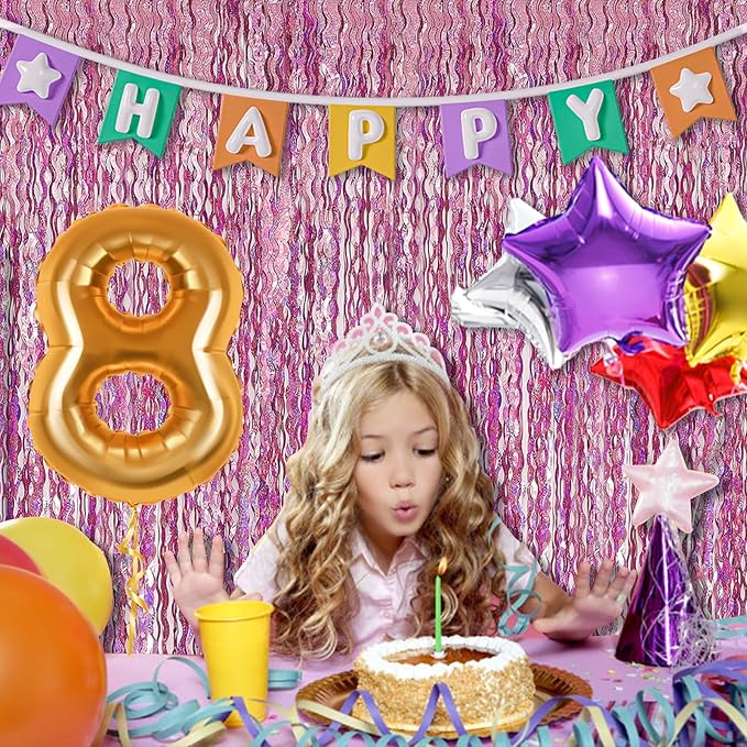 Pink Tinsel Foil Fringe Curtains Wavy Backdrop for Parties Sparkle Metallic Wavy Foil Fringe Backdrop Curtain for Party Decorations Photo Booth Props for Birthday Graduation Wedding